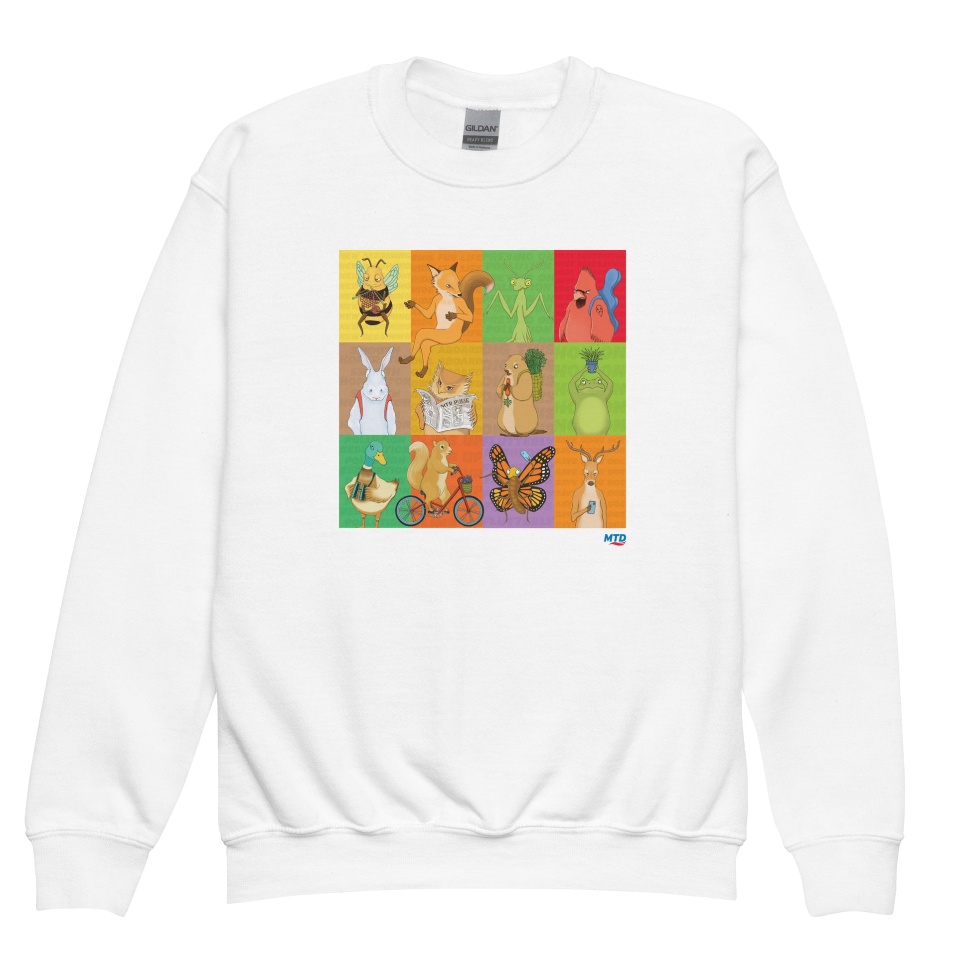 White heather youth crewneck sweatshirt featuring EKAH's illustrated animal designs.