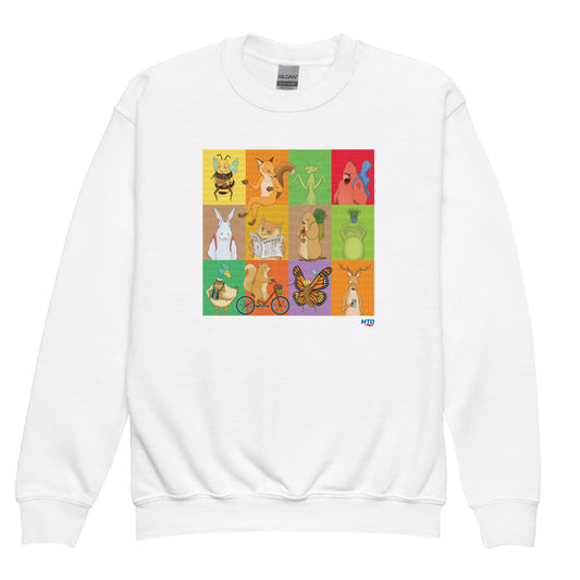 White heather youth crewneck sweatshirt featuring EKAH's illustrated animal designs.