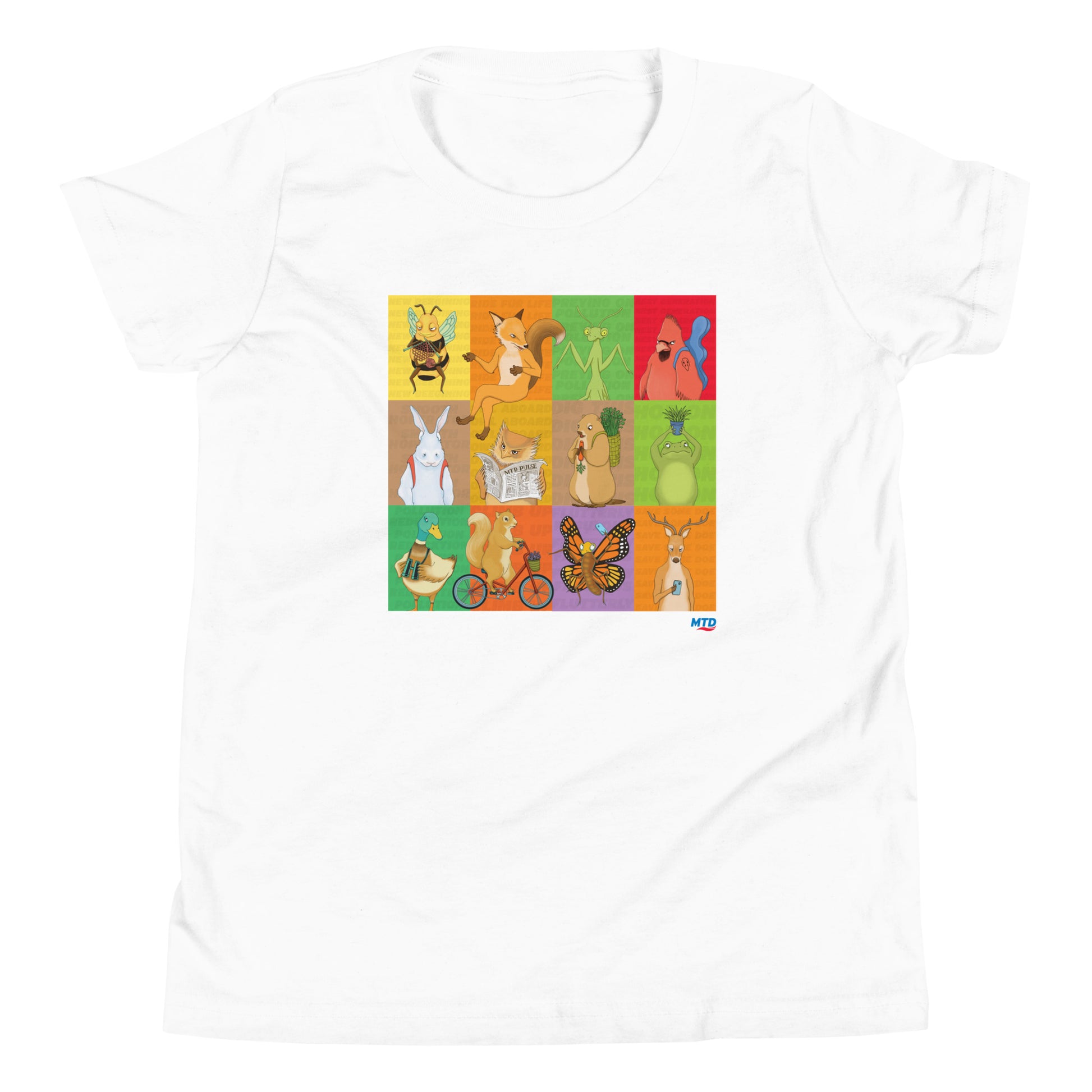 White youth t-shirt printed with grid layout of EKAH’s illustrated animal designs.