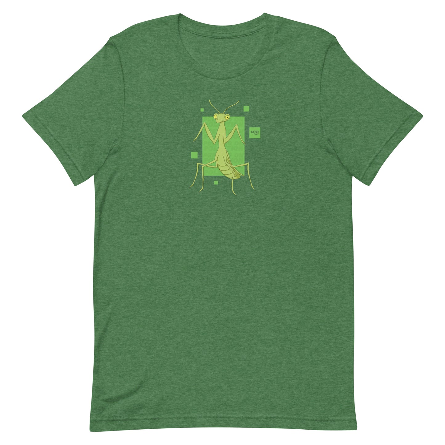 EKAH’s preying mantis illustration on a green t-shirt.