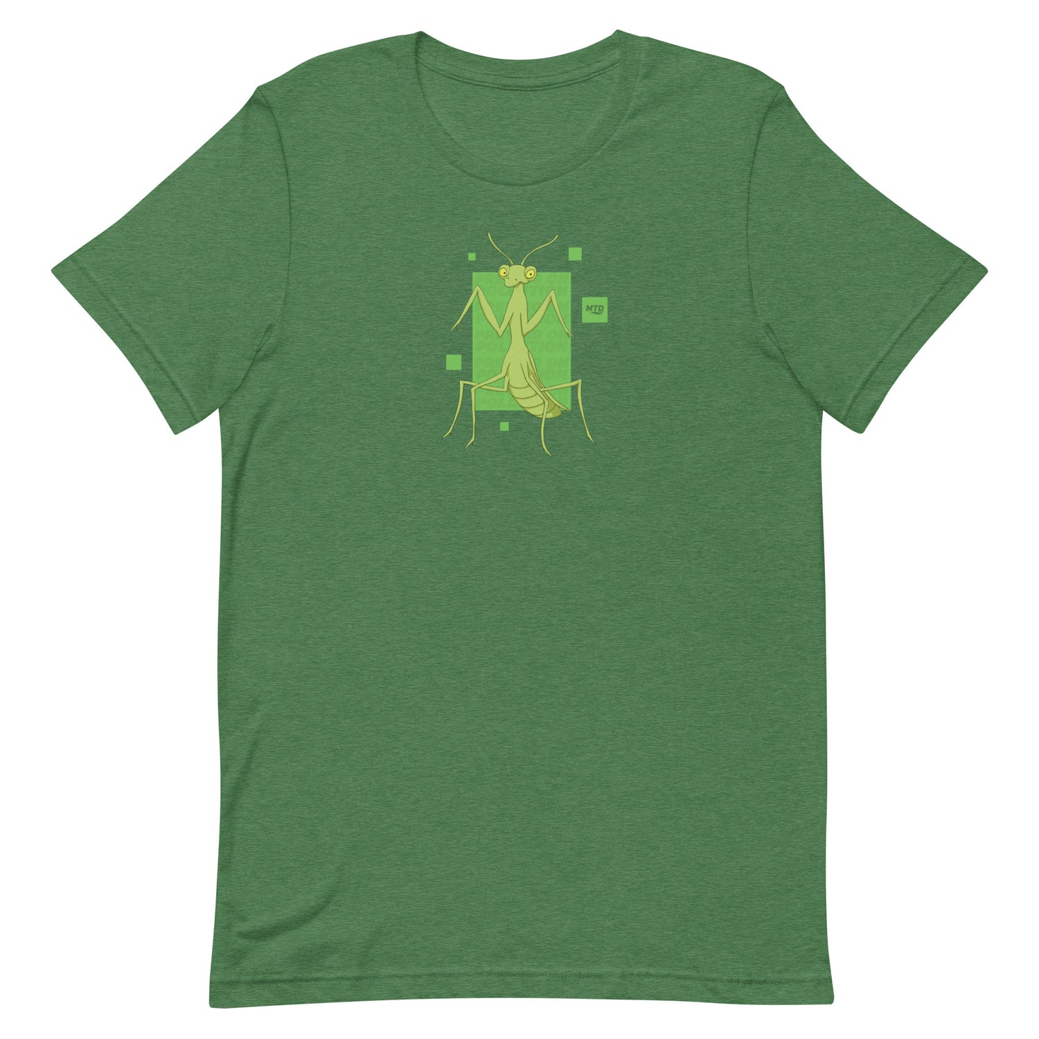 EKAH’s preying mantis illustration on a green t-shirt.