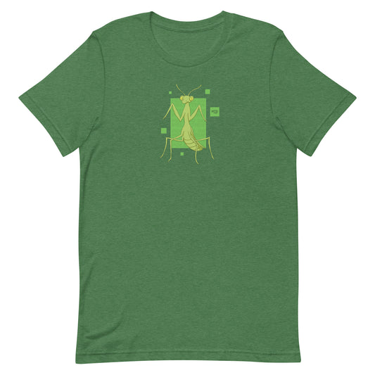 EKAH’s preying mantis illustration on a green t-shirt.