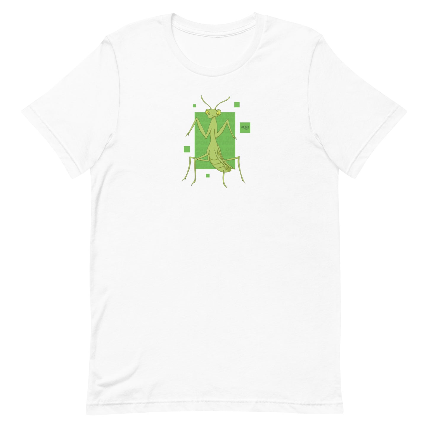EKAH’s preying mantis illustration on a white t-shirt.