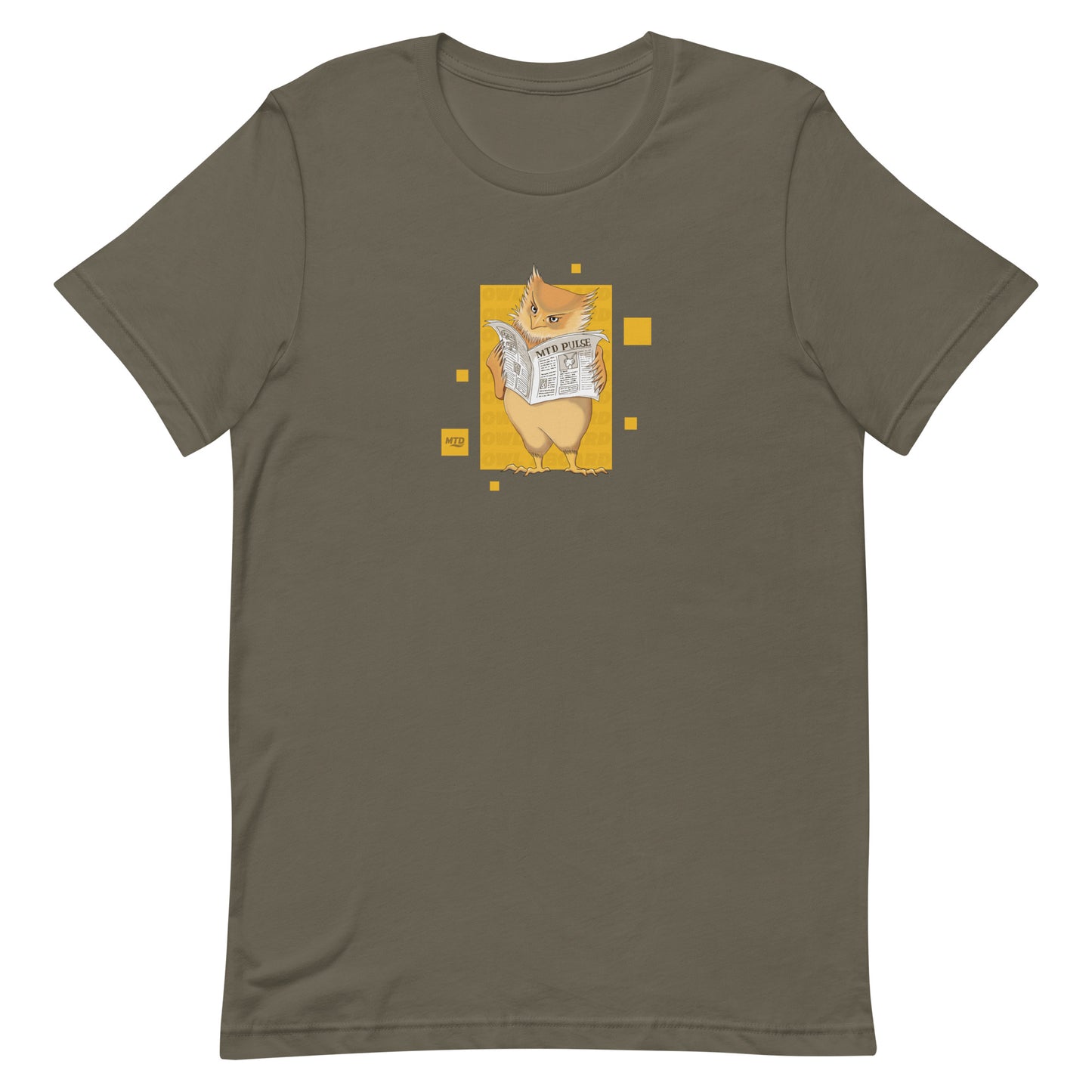 EKAH’s owl illustration on a brown t-shirt.