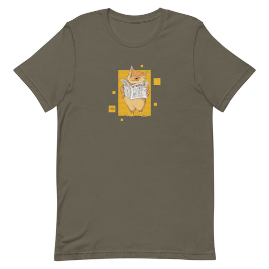 EKAH’s owl illustration on a brown t-shirt.