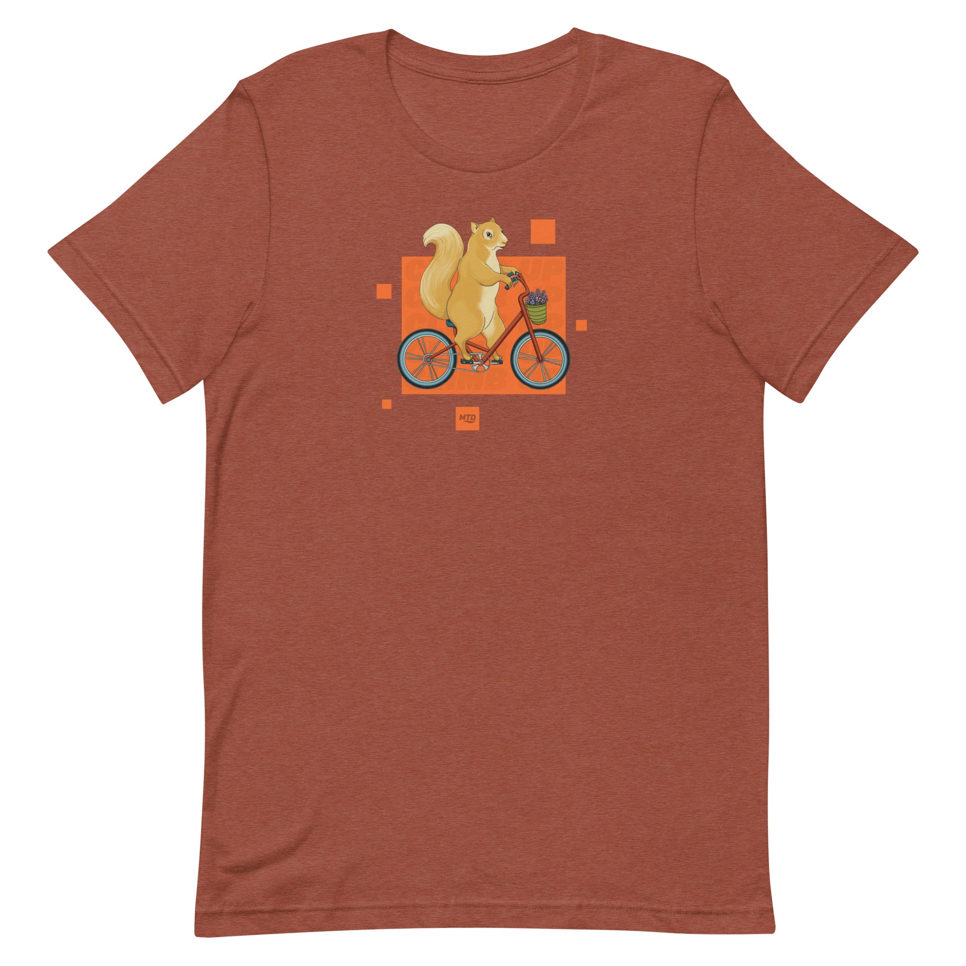 EKAH’s squirrel illustration on a dark orange t-shirt.
