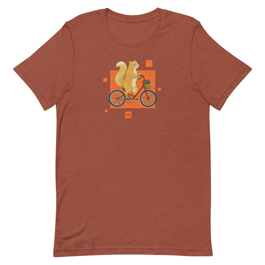 EKAH’s squirrel illustration on a dark orange t-shirt.