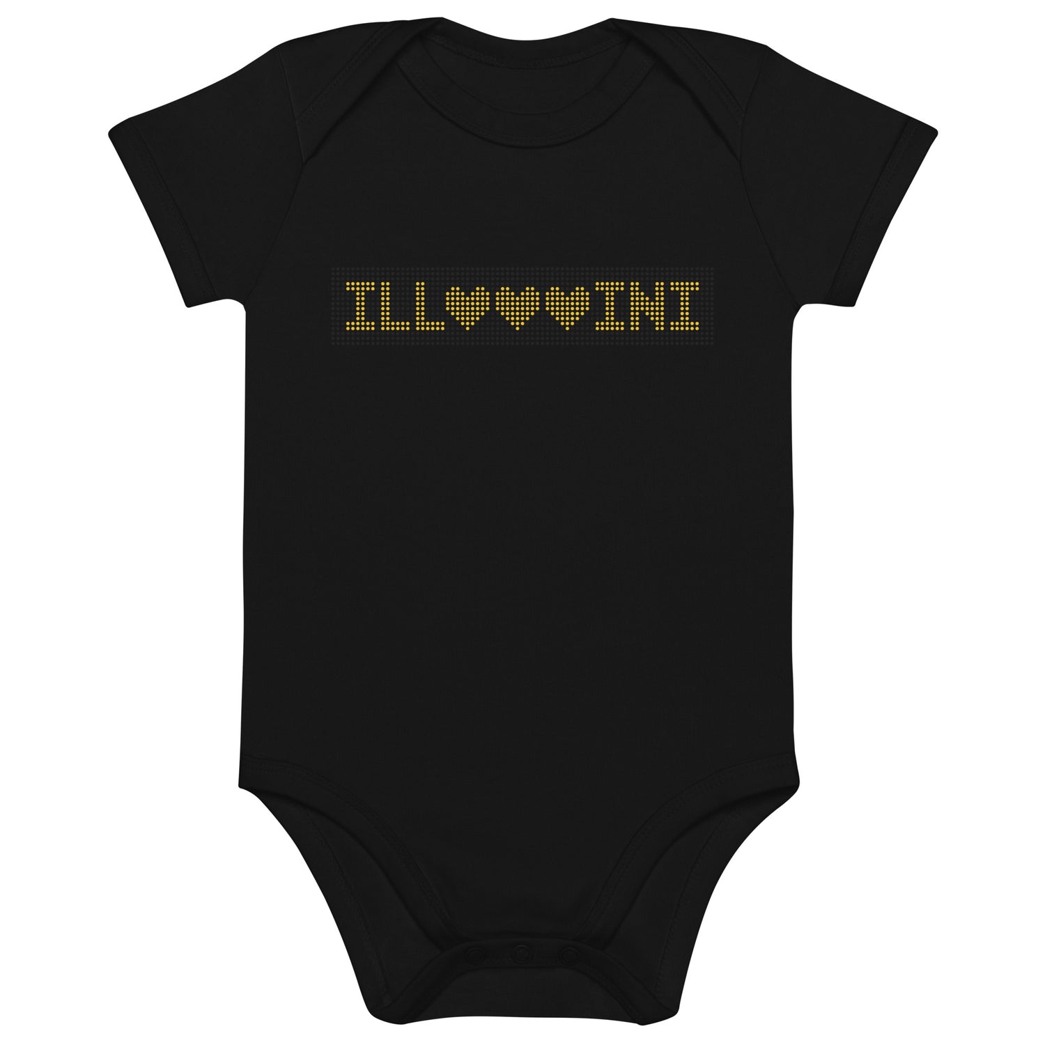 Black baby onesie with MTD's Illini Hearts headsign design printed across the chest.