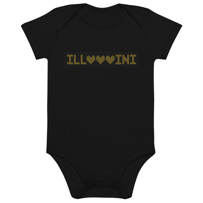Black baby onesie with MTD's Illini Hearts headsign design printed across the chest.