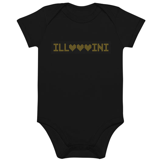 Black baby onesie with MTD's Illini Hearts headsign design printed across the chest.