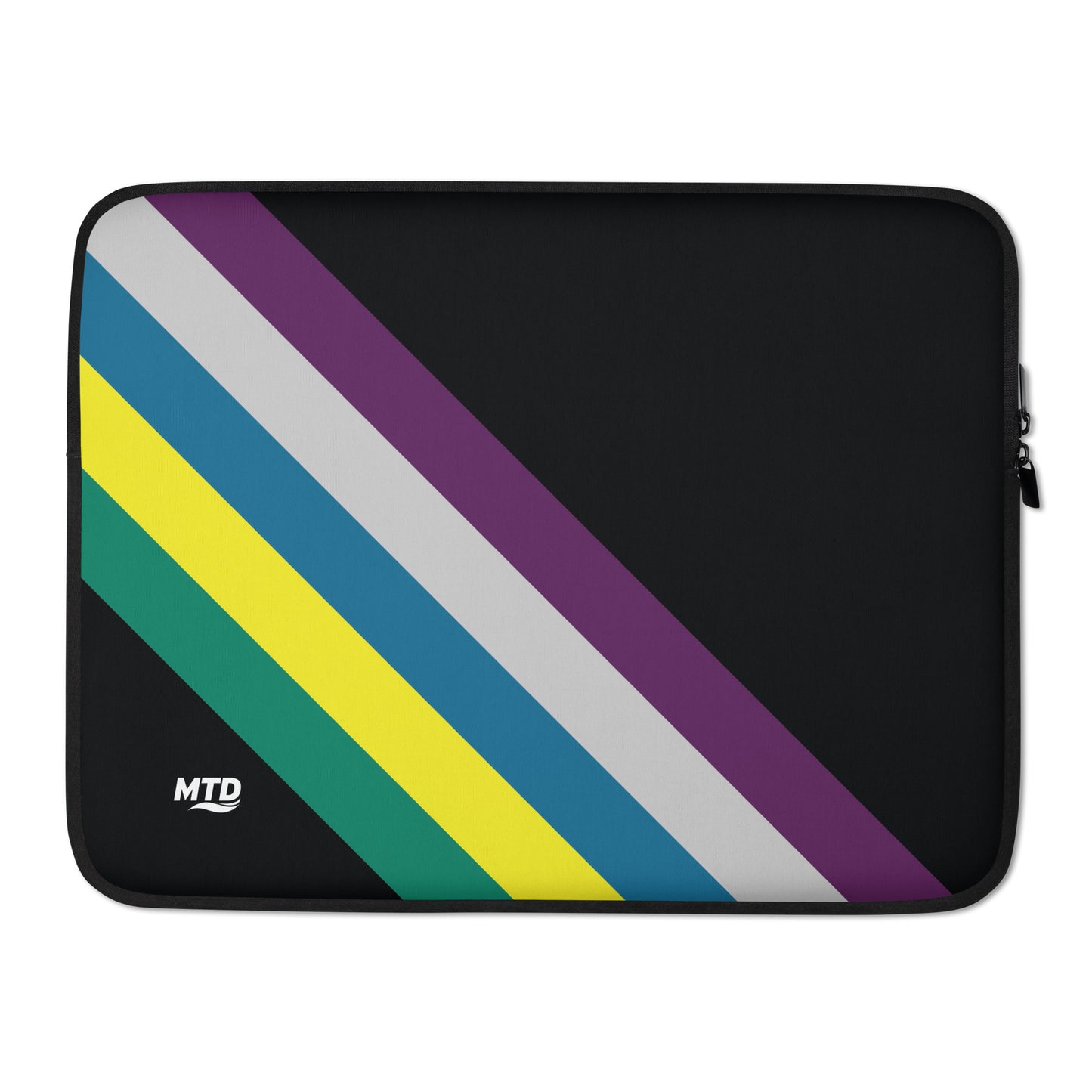 Black laptop sleeve with five colored lines running diagonally in the lower corner.