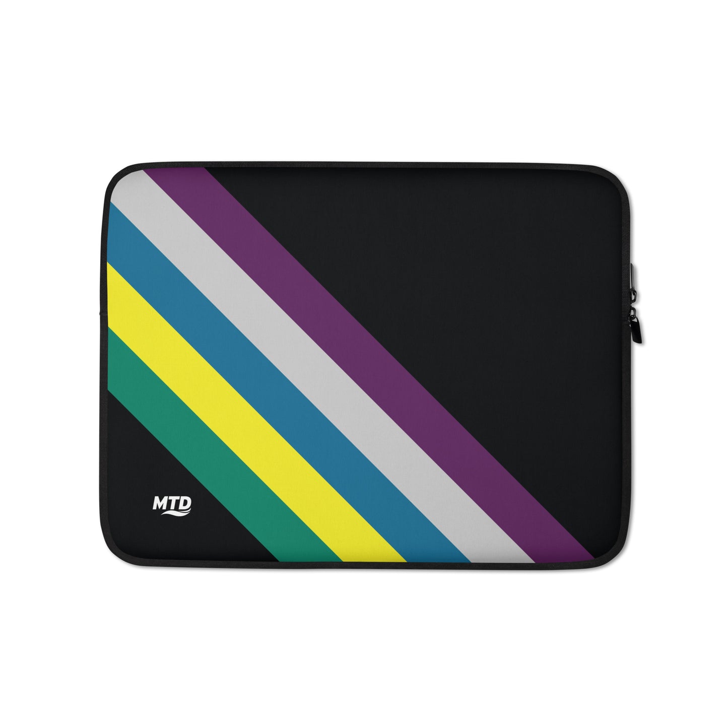 Black laptop sleeve with five colored lines running diagonally in the lower corner.