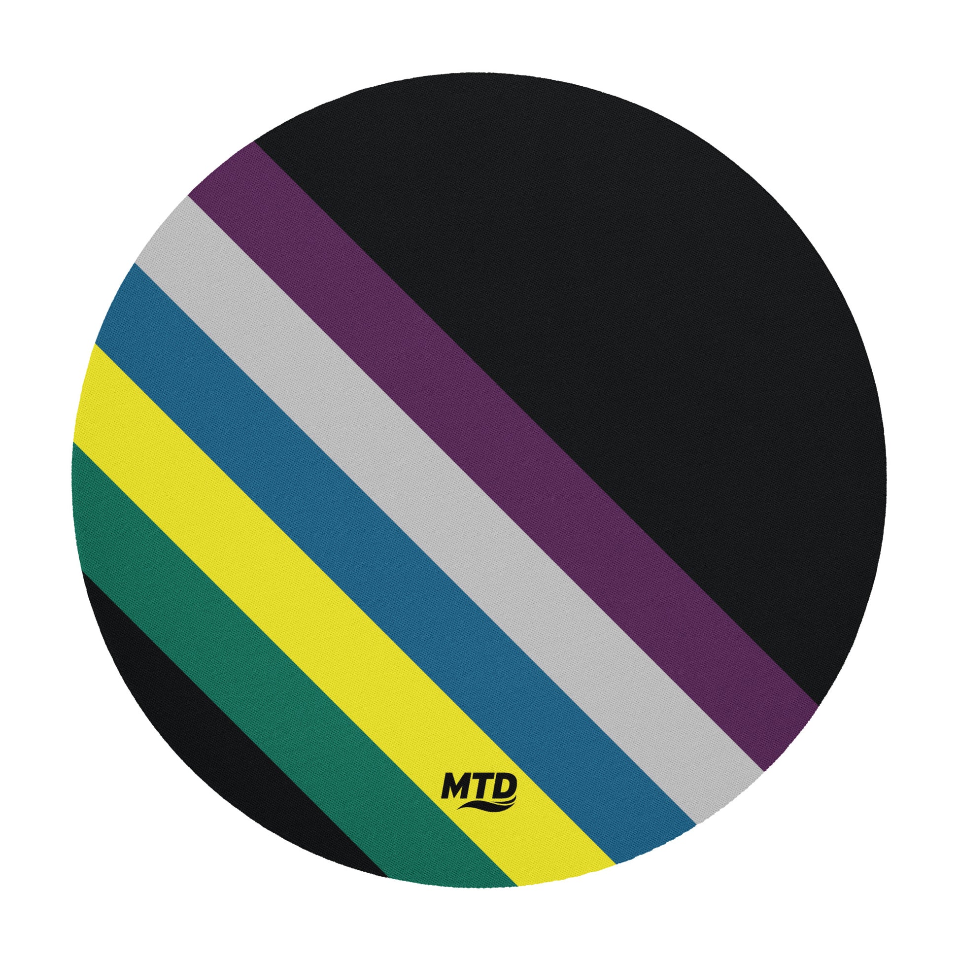Black circular mouse pad with five colored lines running diagonally in the center.
