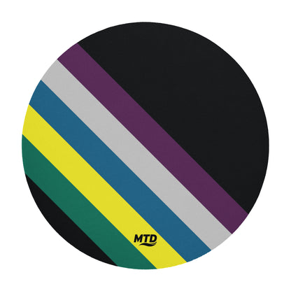 Black circular mouse pad with five colored lines running diagonally in the center.