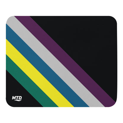 Black rectangular mouse pad with five colored lines running diagonally in the center.
