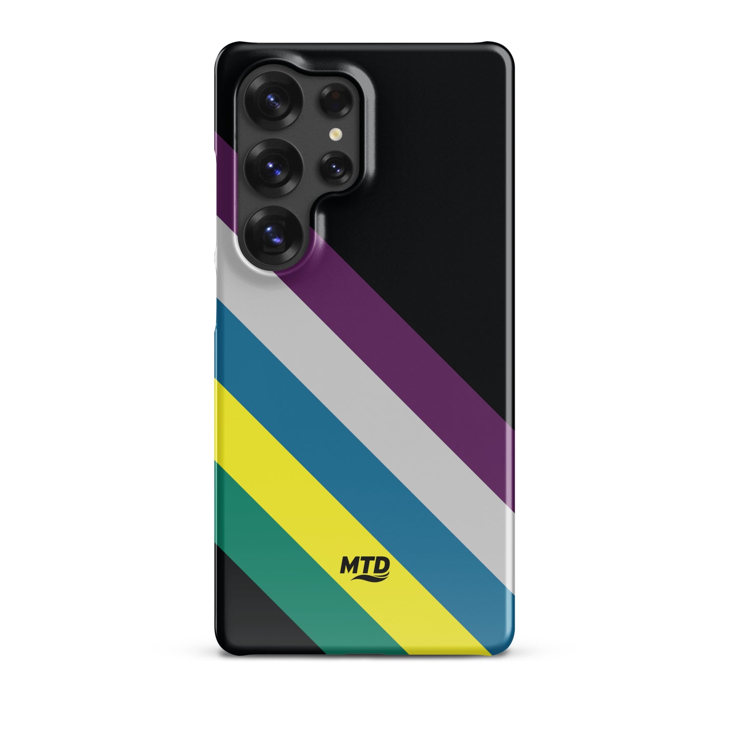 Black phone case with five colored lines running diagonally in the center.