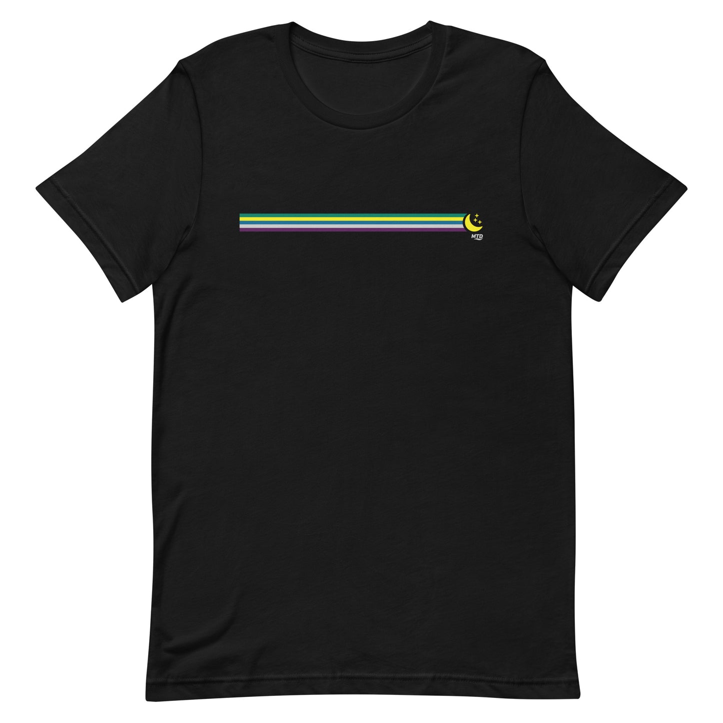 Black t-shirt with a moon, stars, and five colored lines across the chest.