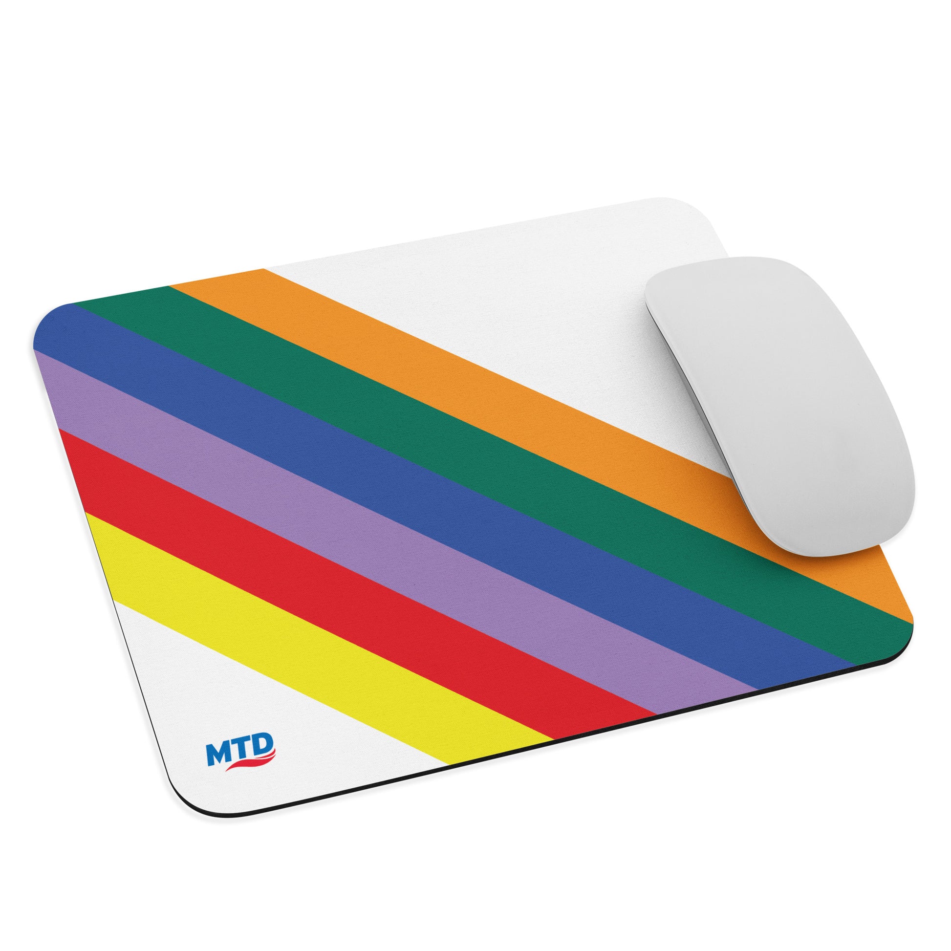 White rectangular mouse pad with six colored lines running diagonally in the center.