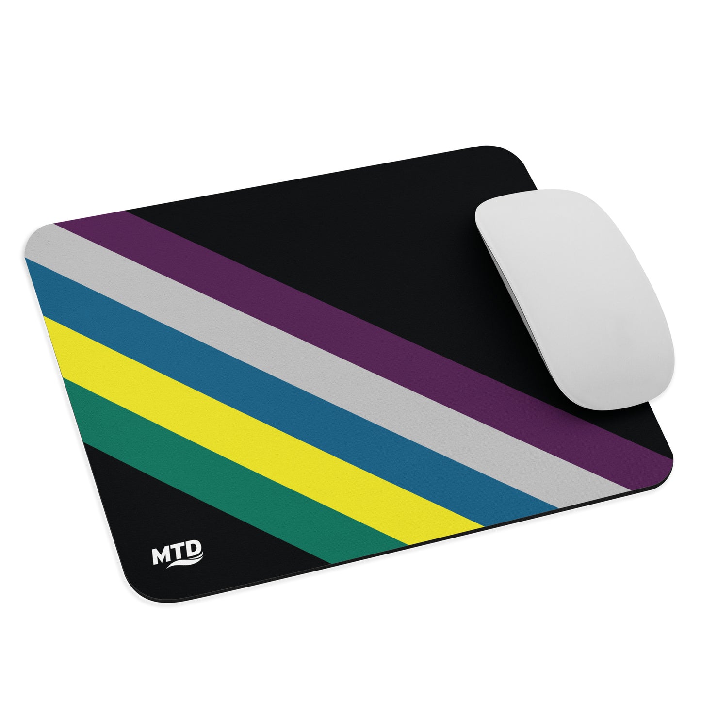Black rectangular mouse pad with five colored lines running diagonally in the center.