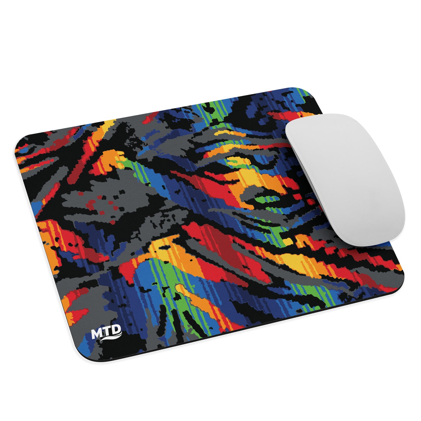 Rectangular mouse pad with colorful MTD bus seat pattern.