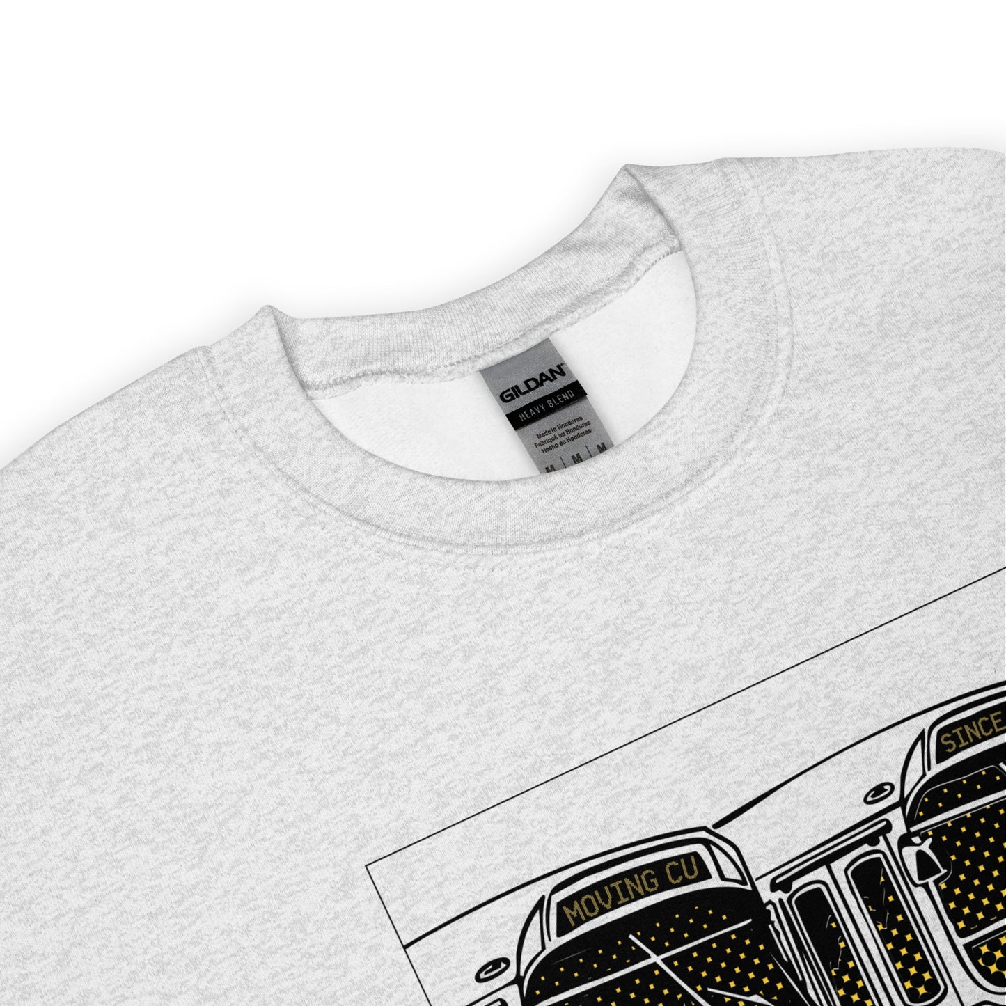 Neckline on gray crewneck sweatshirt.