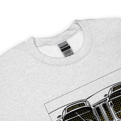 Neckline on gray crewneck sweatshirt.