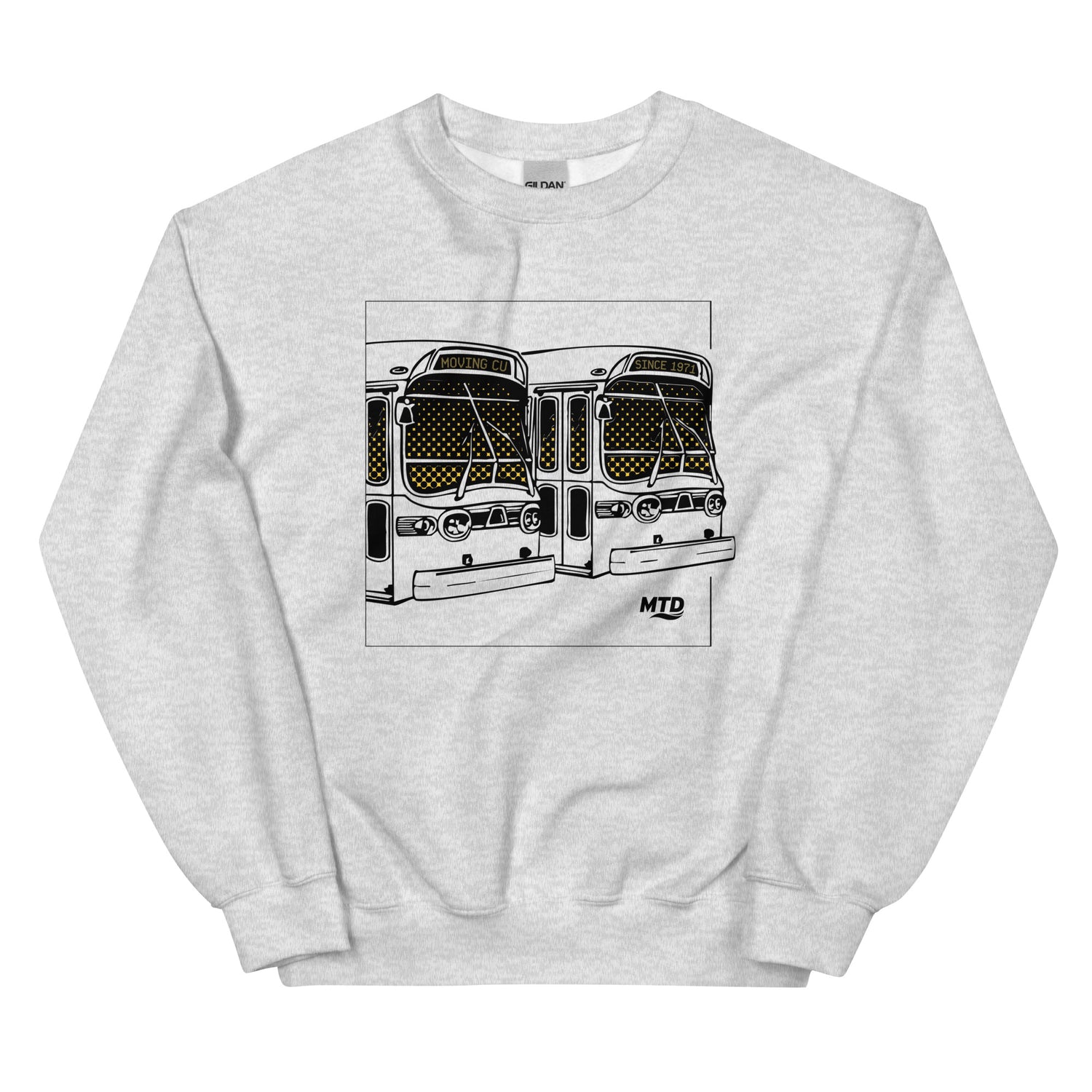 Light gray heather crewneck sweatshirt featuring two vintage buses with headsigns that read “Moving CU Since 1971.”