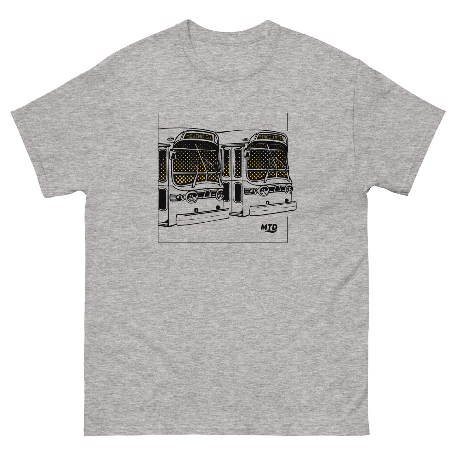 Gray t-shirt featuring two vintage buses with headsigns that read “Moving CU Since 1971.”