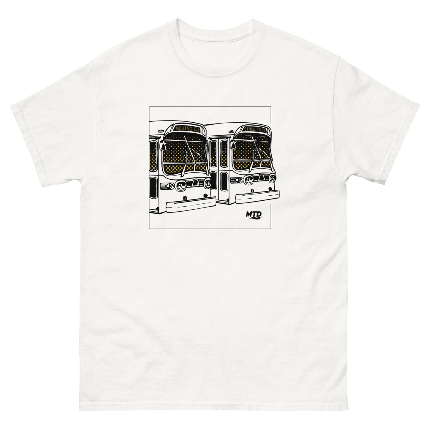 White t-shirt featuring two vintage buses with headsigns that read “Moving CU Since 1971.”