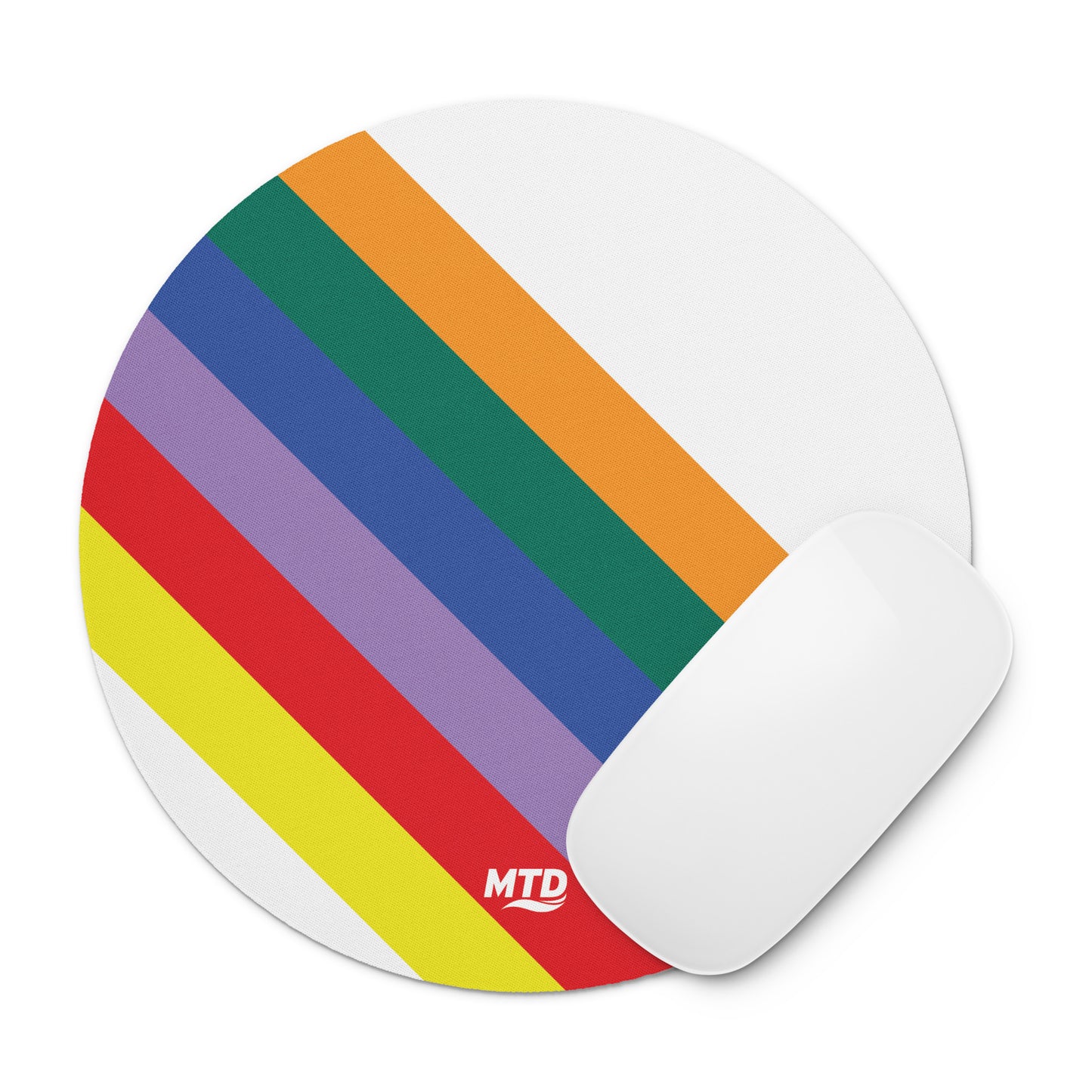 White circular mouse pad with six colored lines running diagonally in the center.