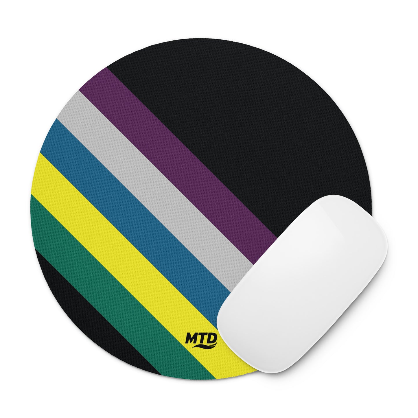 Black circular mouse pad with five colored lines running diagonally in the center.