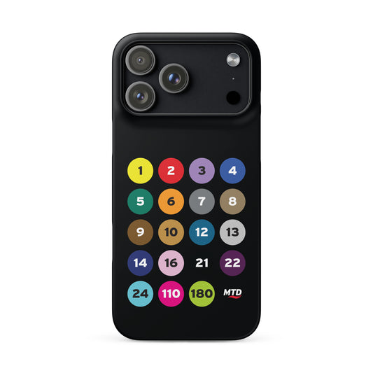 Black phone case with colorful circles and numbers representing MTD routes.