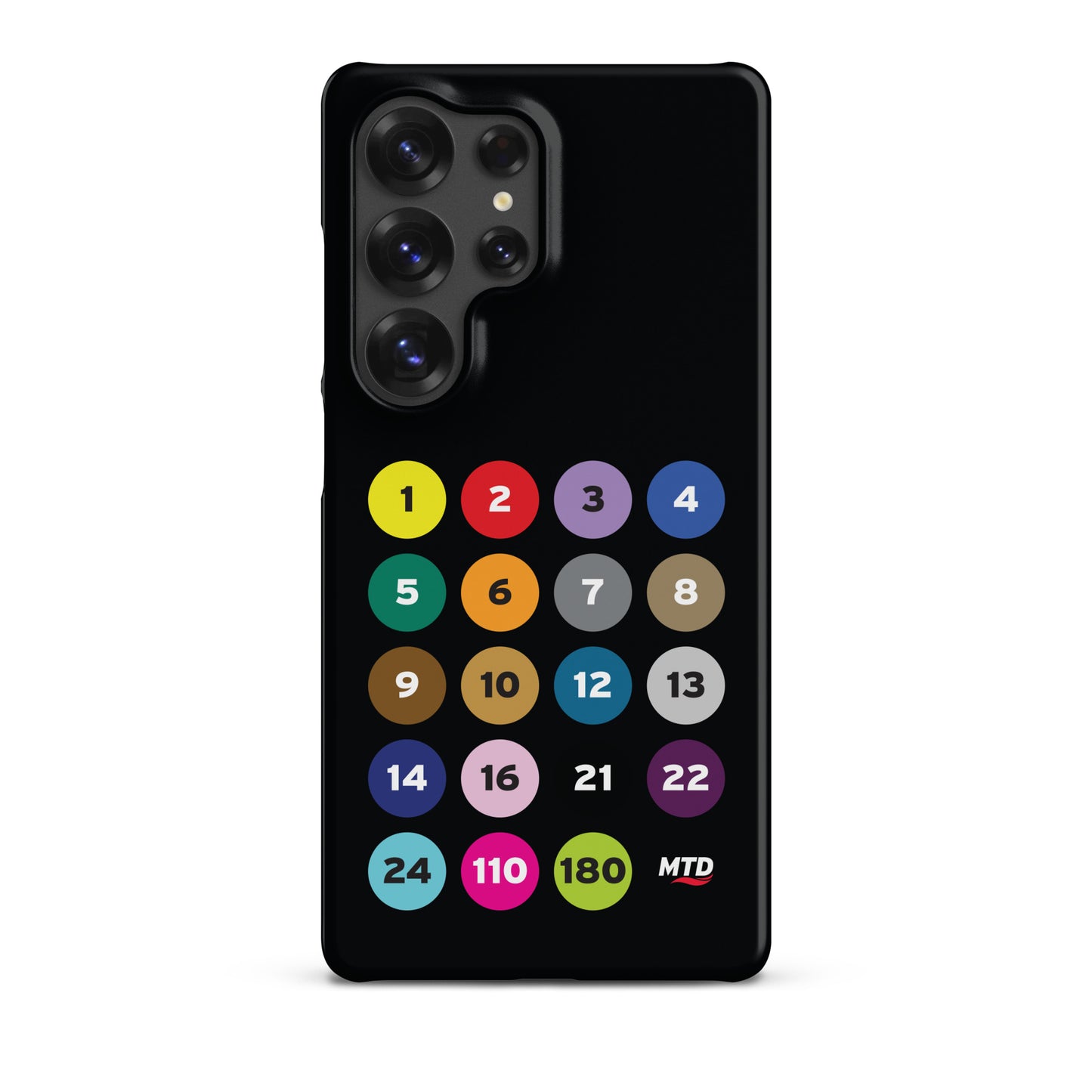 Black phone case with colorful circles and numbers representing MTD routes.