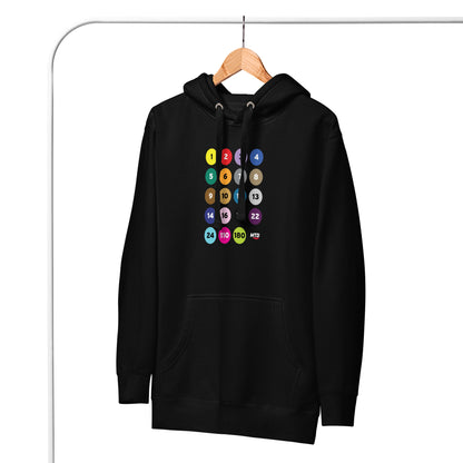 Black hoodie printed with colorful circles and numbers representing MTD routes hanging on a wooden clothes hanger.