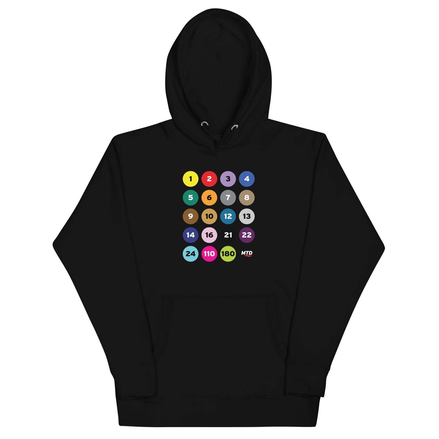 Black hoodie printed with colorful circles and numbers representing MTD routes.