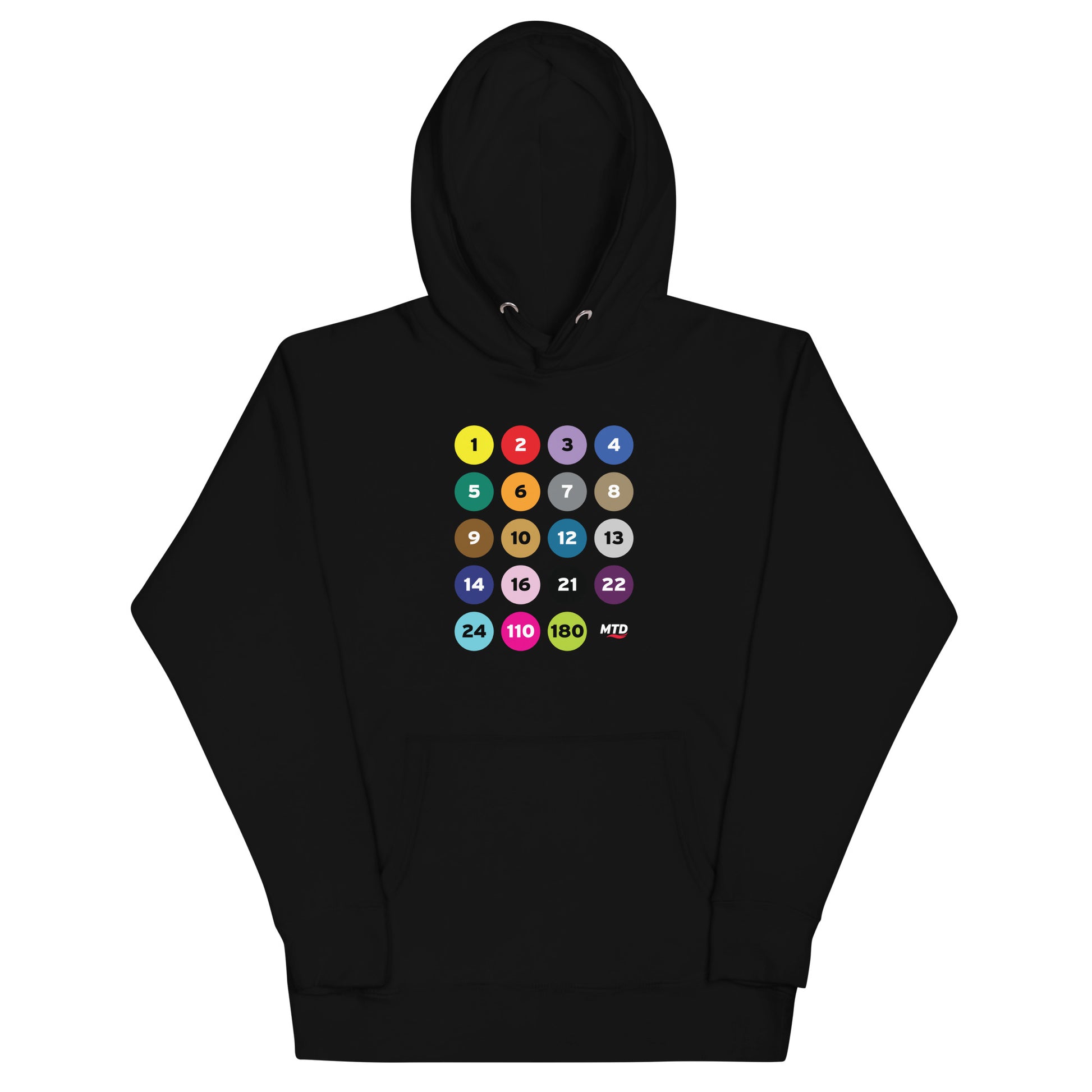 Black hoodie printed with colorful circles and numbers representing MTD routes.