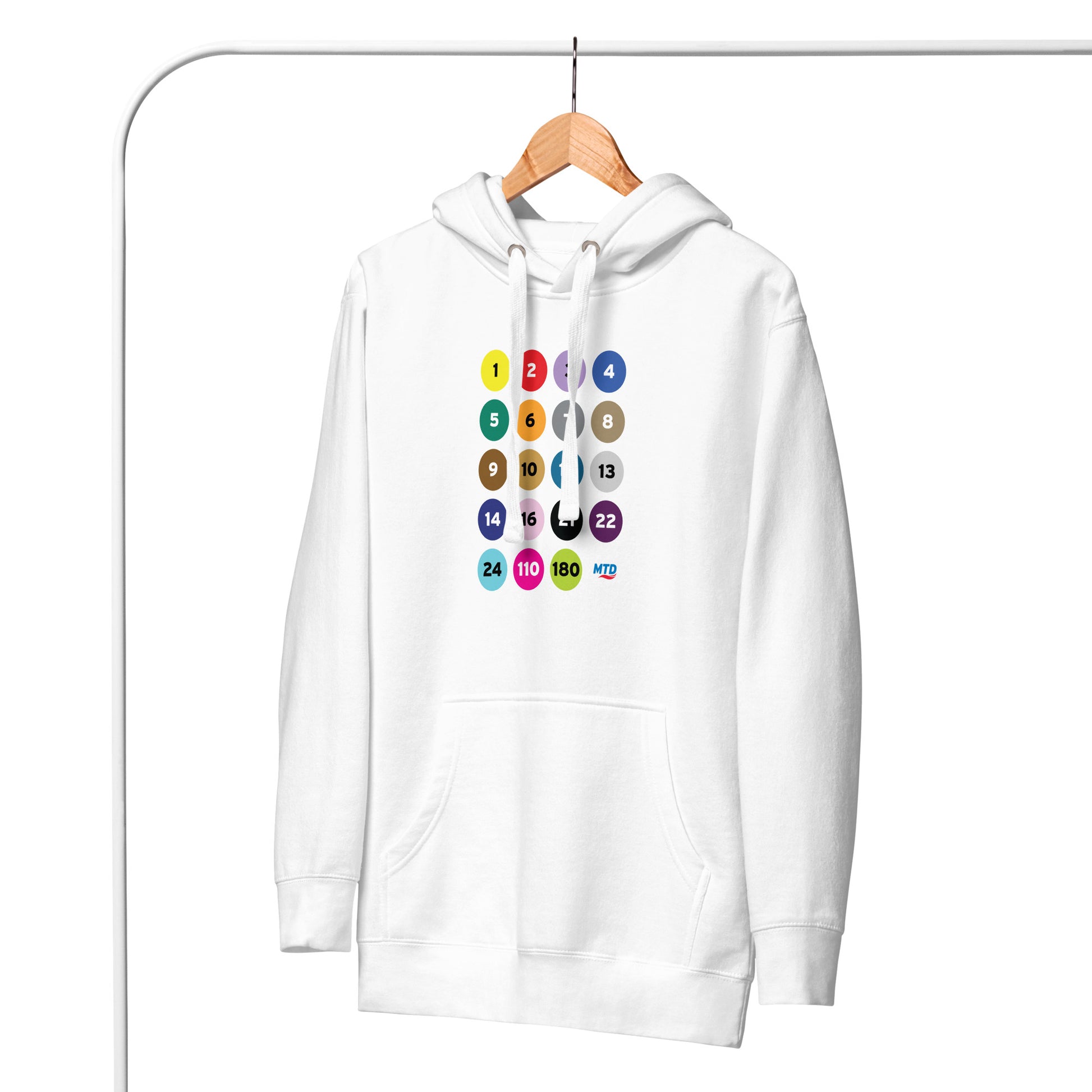 White hoodie printed with colorful circles and numbers representing MTD routes hanging on a wooden clothes hanger.