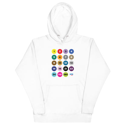 White hoodie printed with colorful circles and numbers representing MTD routes.