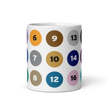 MTD route numbers and colors on a white mug. 