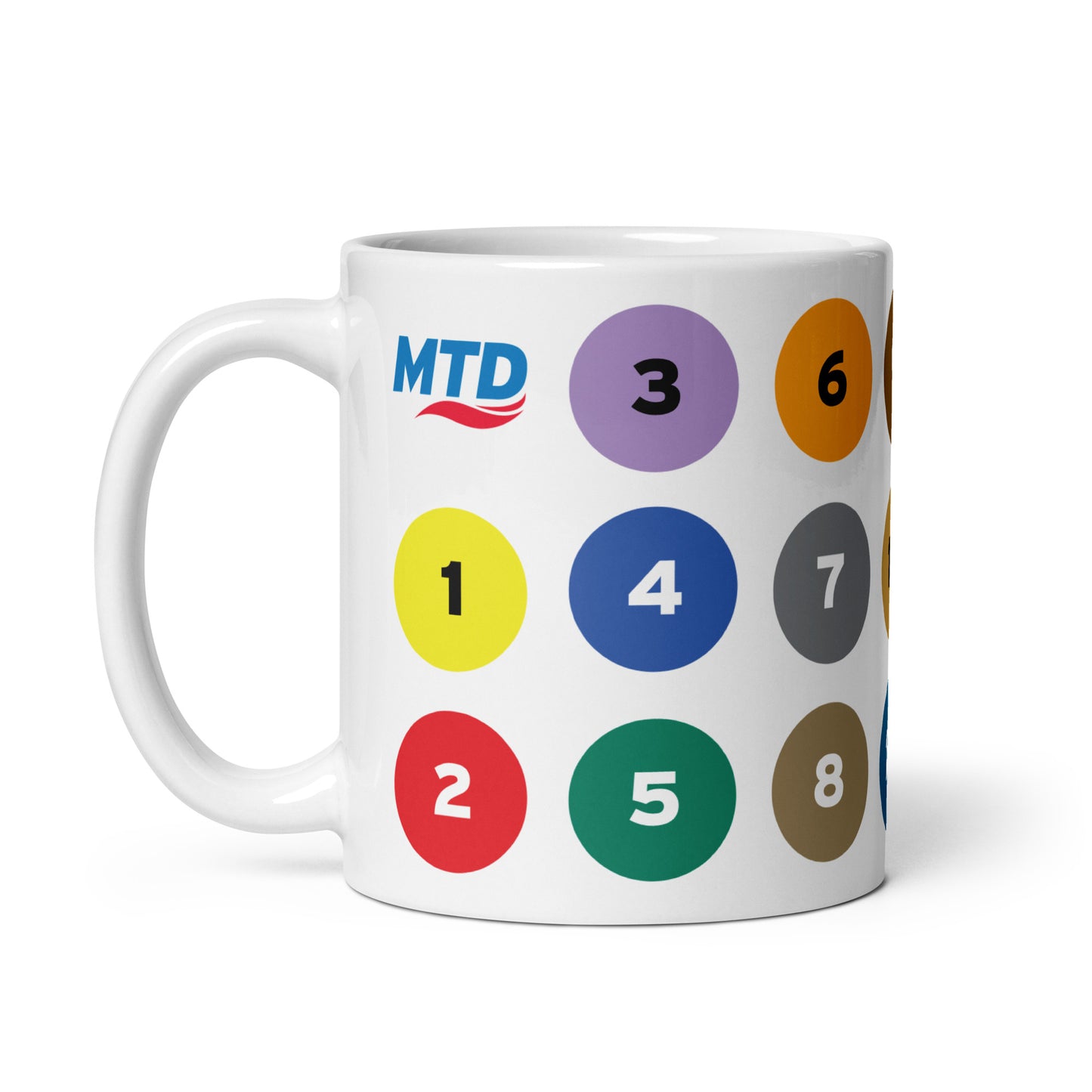 MTD route numbers and colors on a white mug. 
