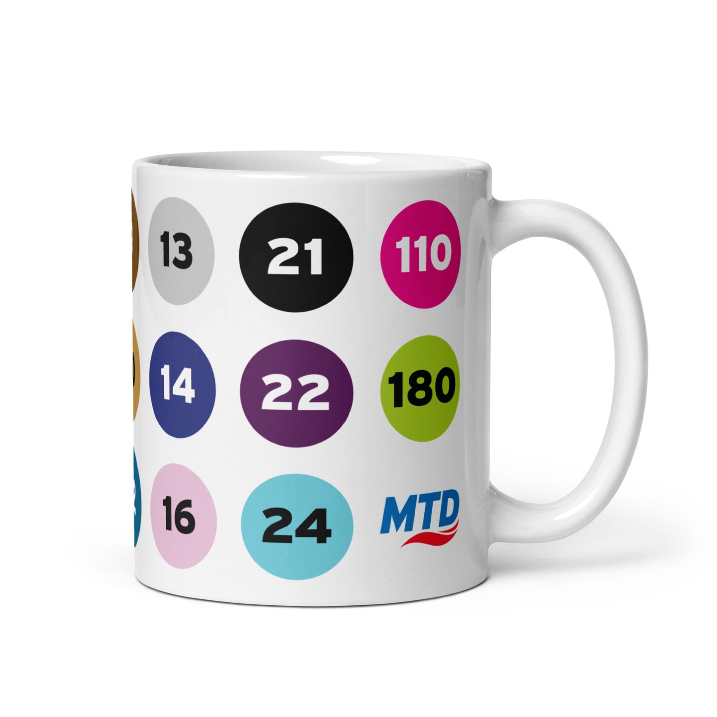 MTD route numbers and colors on a white mug. 