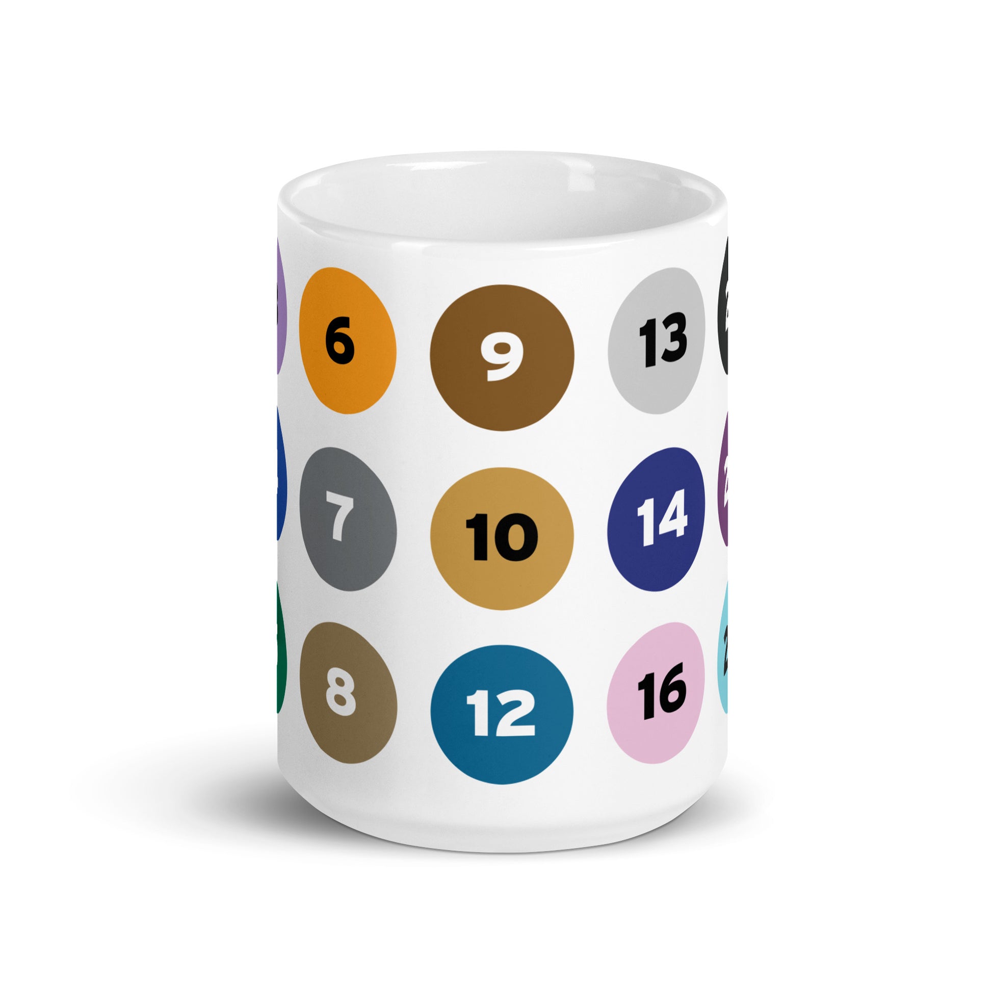 MTD route numbers and colors on a white mug. 