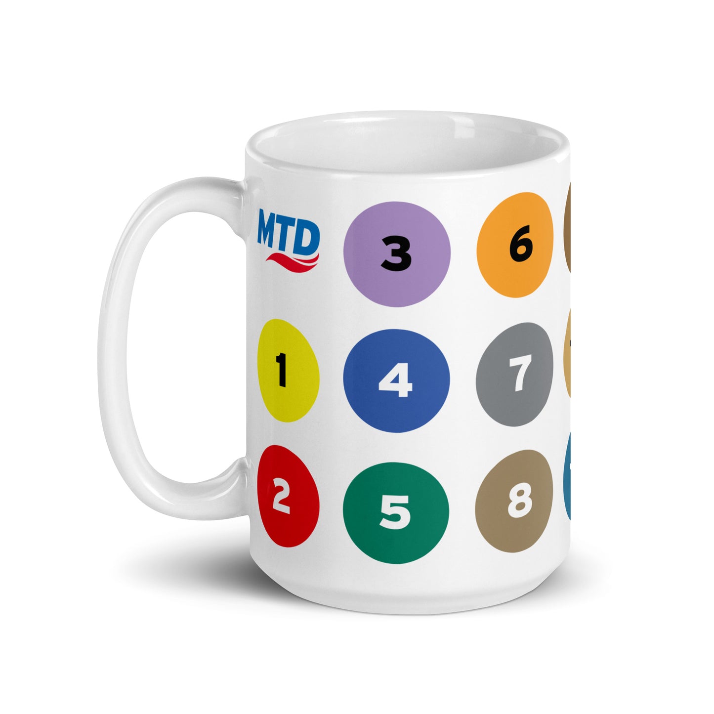 MTD route numbers and colors on a white mug. 