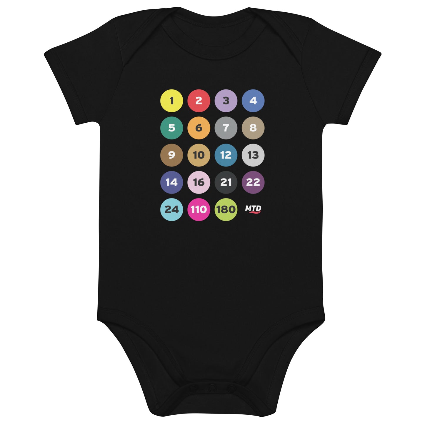 Black baby onesie printed with colorful circles and numbers representing MTD routes.