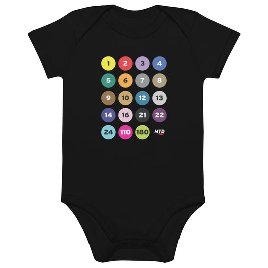 Black baby onesie printed with colorful circles and numbers representing MTD routes.
