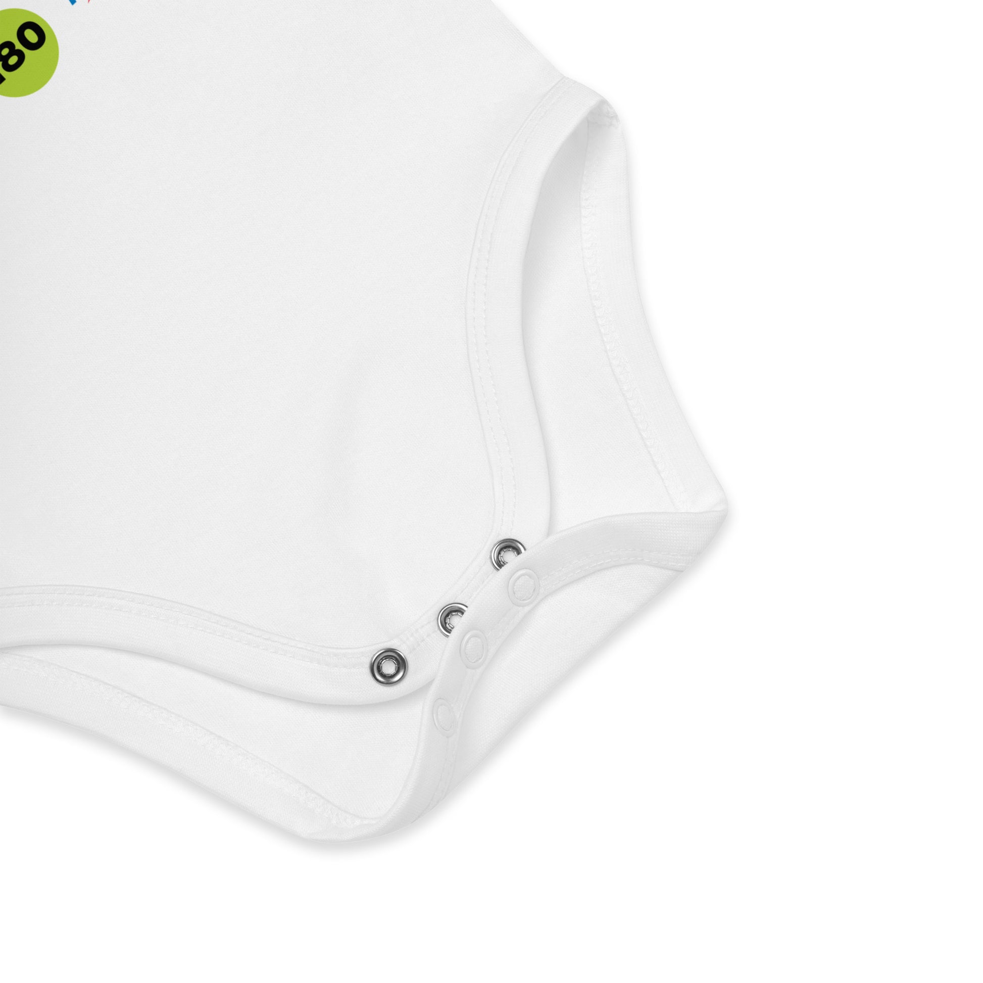 Three-snap closure on white baby onesie.