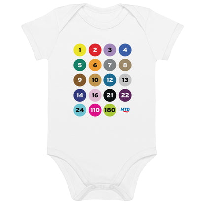 White baby onesie printed with colorful circles and numbers representing MTD routes.
