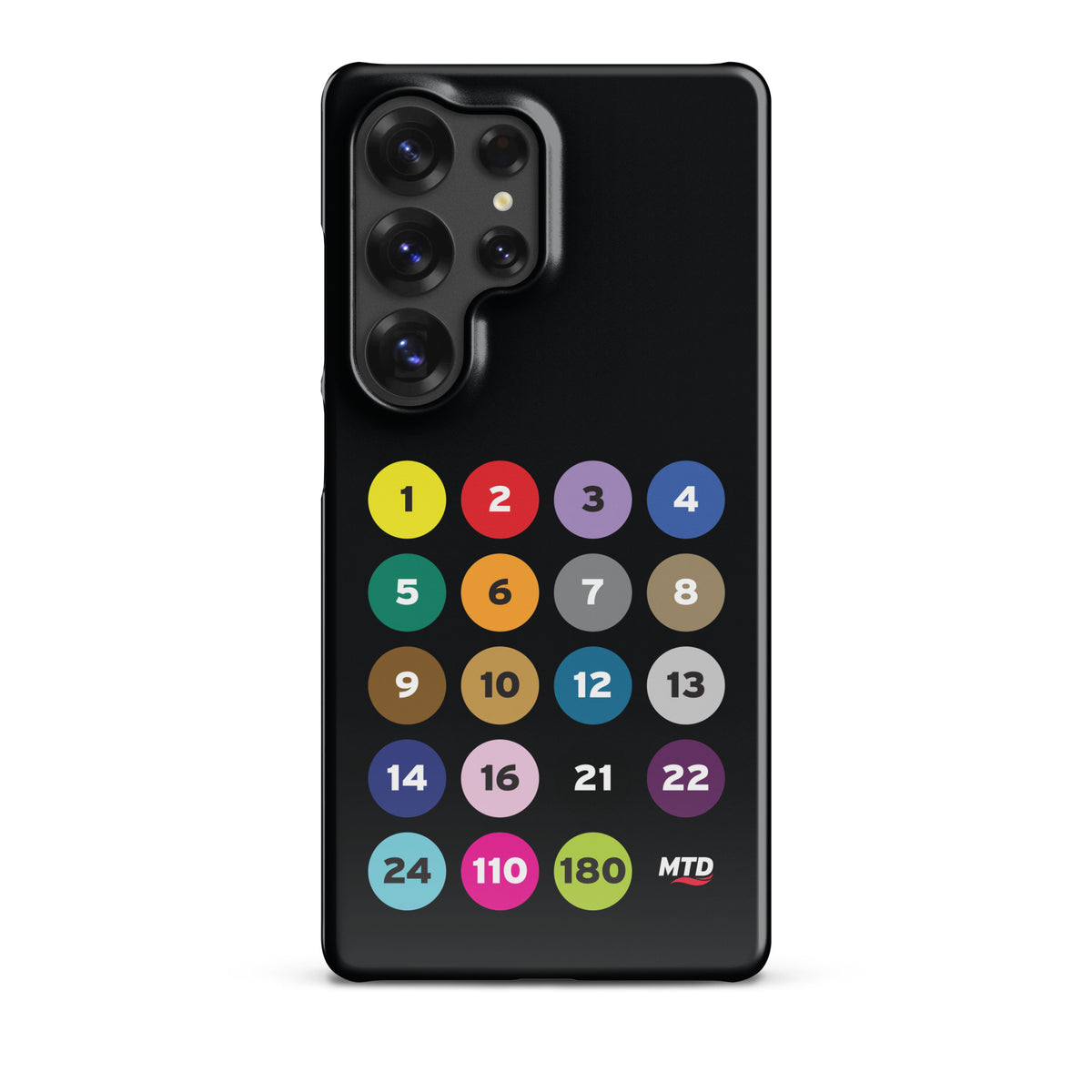 Black phone case with colorful circles and numbers representing MTD routes.