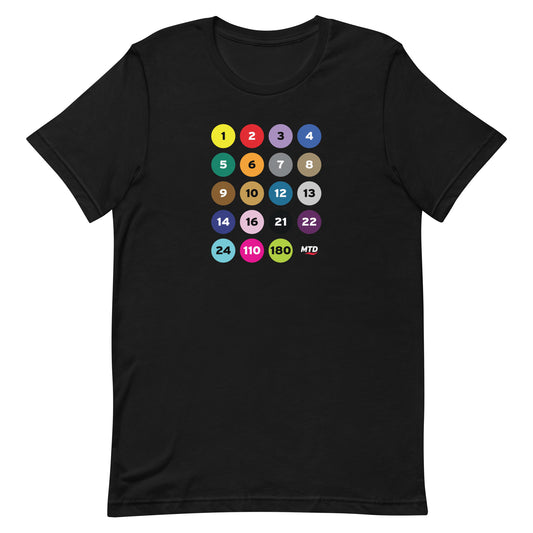 Black t-shirt printed with colorful circles and numbers representing MTD routes. 