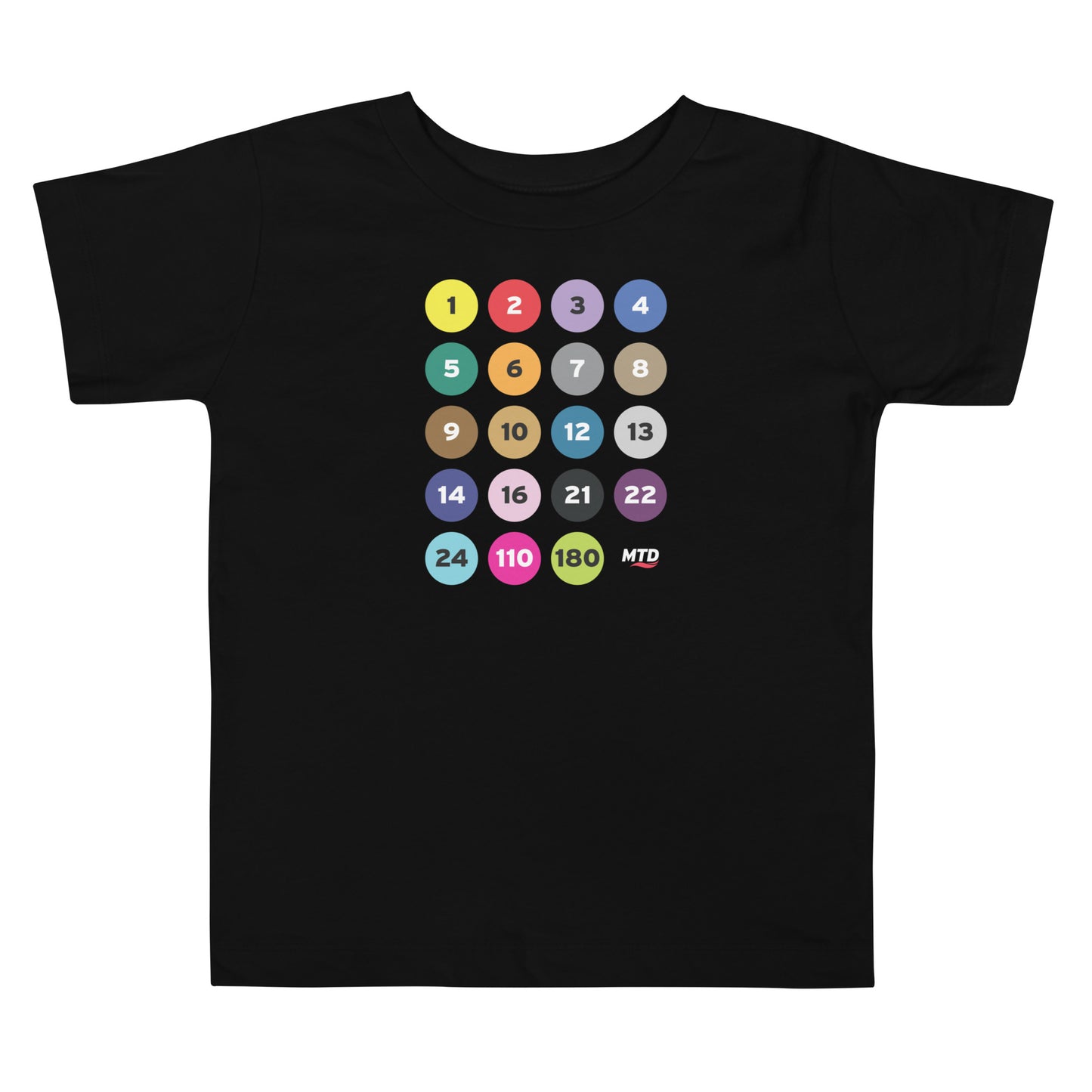 Black toddler t-shirt printed with colorful circles and numbers representing MTD routes.